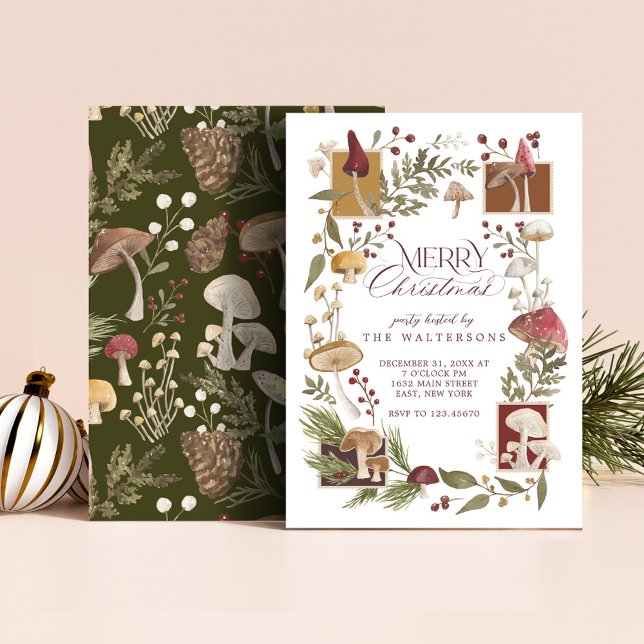 God jul Party Woodsy Woodland Mushroom Inbjudningar (Merry Christmas Party Woodsy Woodland Mushroom Invitation)