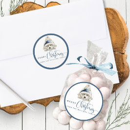 God jul, passiv valp, blått och vitt runt klistermärke