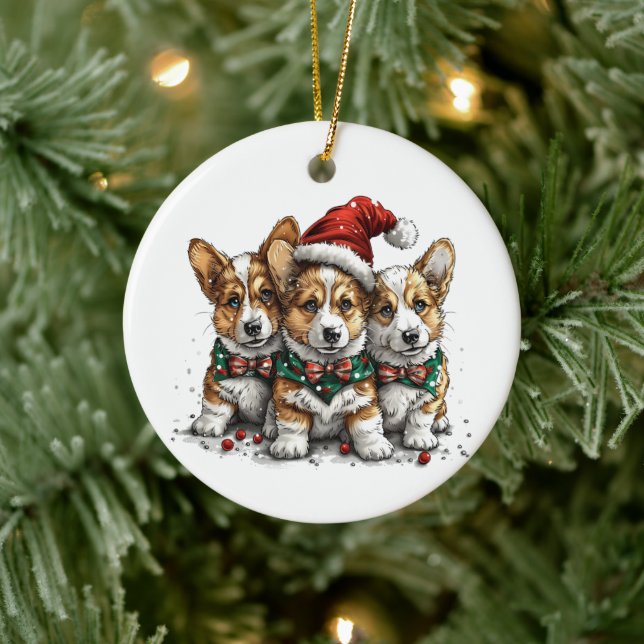 God jul Pembroke Welsh Corgi Puppies Julgransprydnad Keramik (Träd)