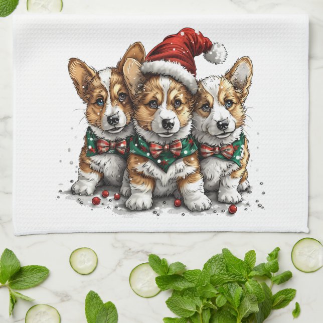 God jul Pembroke Welsh Corgi Puppies Kökshandduk (Vikta)