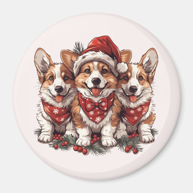 God jul Pembroke Welsh Corgi Puppies Magnet (Framsidan)