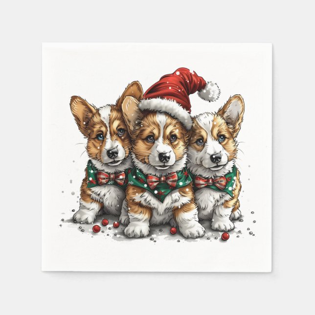 God jul Pembroke Welsh Corgi Puppies Pappersservett (Framsidan)