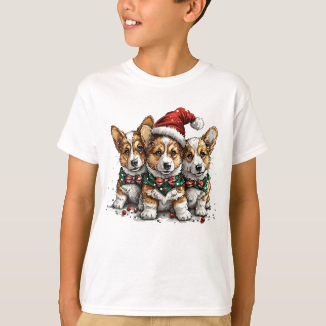 God jul Pembroke Welsh Corgi Puppies T Shirt (Framsida)