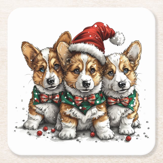 God jul Pembroke Welsh Corgi Puppies Underlägg Papper Kvadrat (Framsidan)