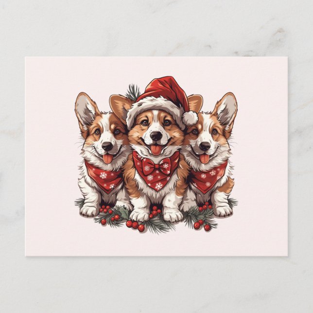 God Jul Pembroke Welsh Corgi Valpar Vykort (Framsida)