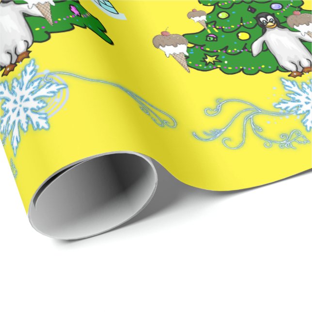 God jul Penguin Gult Wrapping Papper Presentpapper (Rullad Hörn)