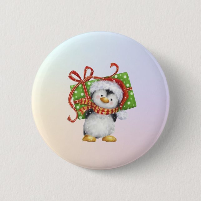 God Jul Penguin med Gift - Helgdag Deco Knapp (Framsida)