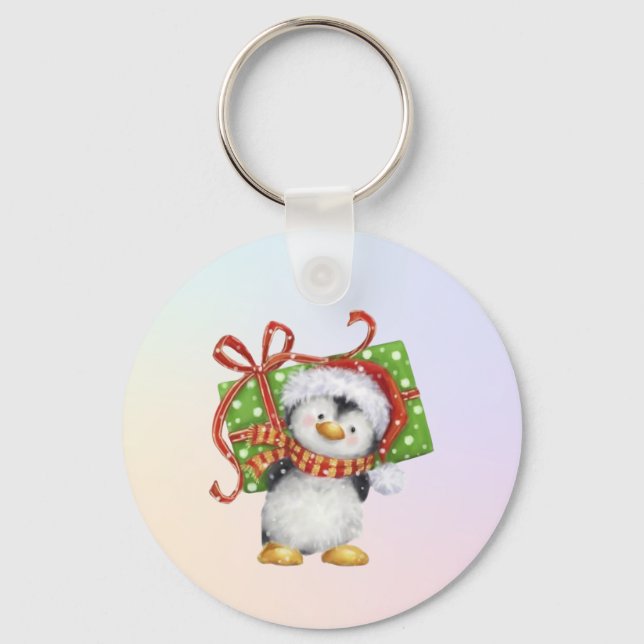 God Jul Penguin med Gift - Helgdag Deco Nyckelring (Framsida)