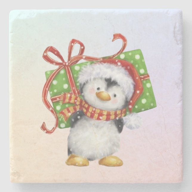 God Jul Penguin med Gift - Helgdag Deco Stenunderlägg (Framsidan)