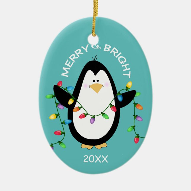 God Jul Penguin Roligt Blue Oval Julgransprydnad Keramik (Framsidan)