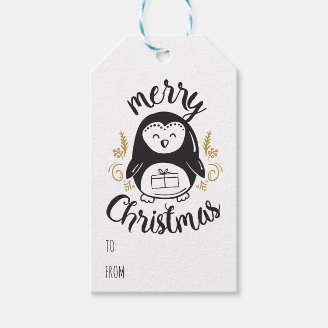 God jul Penguin-textmall för Tecknad Presentetikett (Framsidan)