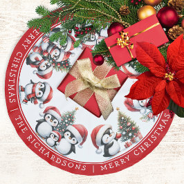 God jul Penguins Family Namn White och Red Julgransmatta Borstad Polyester