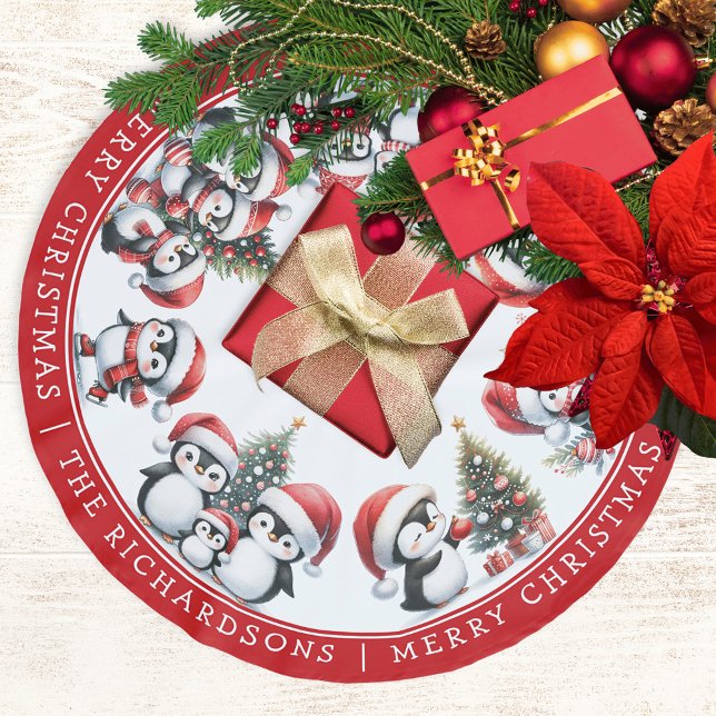 God jul Penguins Family Namn White och Red Julgransmatta Borstad Polyester (Skapare uppladdad)