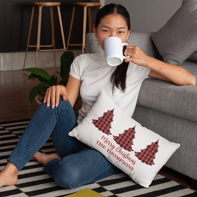 God jul Personlig Buffalo Check Lumbarkudde (Merry Christmas holiday Christmas tree buffalo check pattern. )