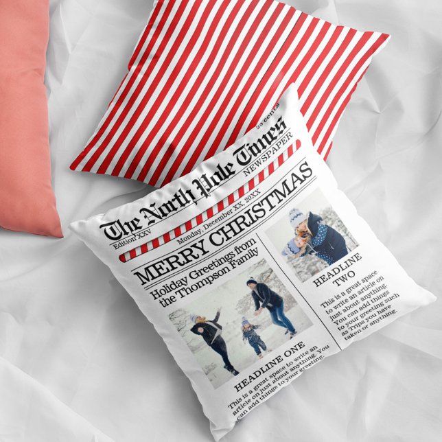 God jul Personlig Newspaper Kudde (Christmas cute whimsical newspaper print photo throw pillow.)
