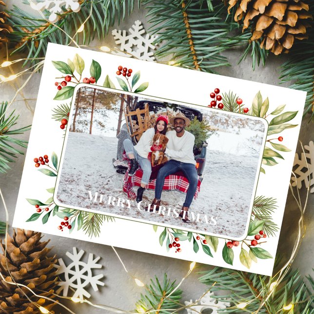 God jul Photo Botanical Holly Greenery Julkort (Celebrate the Holidays in style with a watercolor greenery photo card.  )