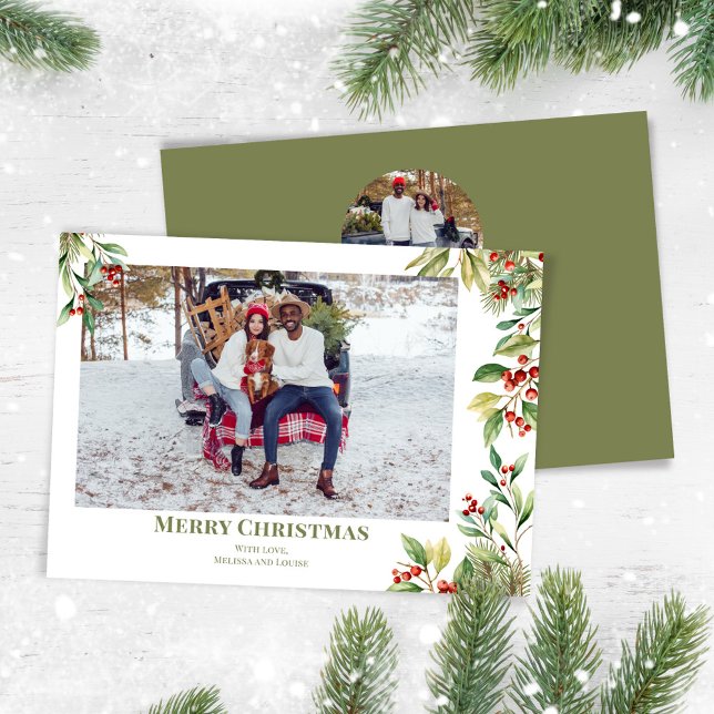 God jul Photo Botanical Holly Greenery Julkort (Celebrate the Holidays in style with a watercolor greenery photo card.  )