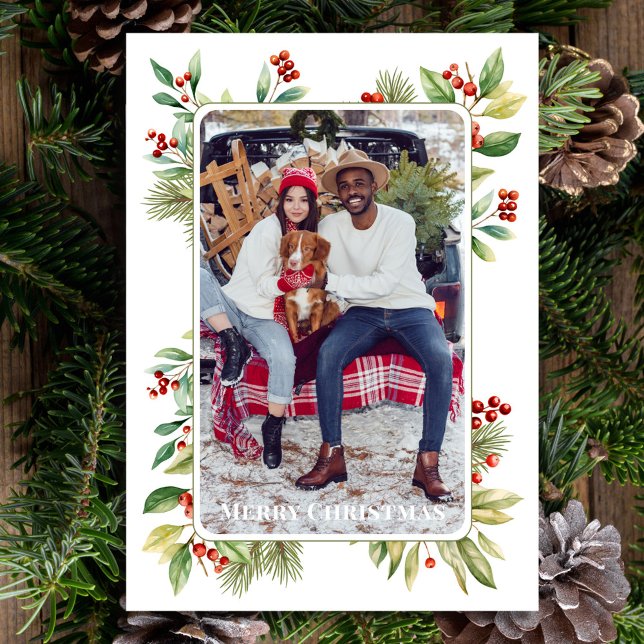 God jul Photo Botanical Holly Greenery Julkort (Watercolor greenery and red holly berries photo card. )