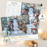 God jul Photo Collage 2025 Calendar Julkort<br><div class="desc">I elegant 2024 Julhälsningar ett kort med titeln faux guld GOD JUL i ett modernt, handskrivet kalligrafskript och dekorationer från guld Julgran med en fotokollage på 4 bilder på framsidan och baksidan har ett foto och en kalender för 2025 som passar för familj och vänners använda under hela det nya...</div>