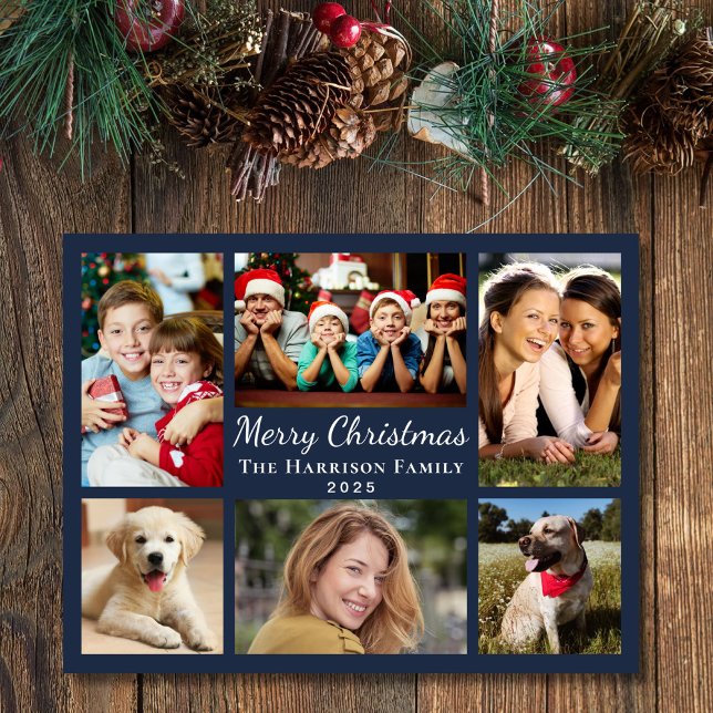 God jul Photo Collage Blue Julkort (Share the love and warmth of the season with your personalized photo Christmas card)