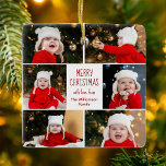 God jul Photo Collage Cute Anpassningsbar 2, sida  Julgransprydnad Keramik<br><div class="desc">Den här söta, moderna God jul-prydnaden har en klasslayout med 6 familjefotografier på en vit bakgrund med söt röd och grönt typografi. Den här vackra barnpresenten för fotodekorering av helgdag innehåller ditt eget barns fotokollage som omger ditt festliga budskap och familjen namn i rött. Lägg till en fullt bild på...</div>