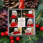 God jul Photo Collage Cute Personlig Julgransprydnad Metall<br><div class="desc">Den här söta personligen God jul-prydnadsföremål har en klasslayout med 6 familjefotografier på en vit bakgrund med söt röd och grönt typografi. Den här vackra barnpresenten för fotodekorering av helgdag innehåller ditt eget barns fotokollage som omger ditt festliga budskap och familjen namn i rött.</div>