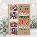 God jul Photo Collage Helgdag Card Helgkort<br><div class="desc">Prisvärda helgdag för utskrift av anpassningsbar med enkla mallar för anpassning. Denna moderna, strålande utformning har en fin blandning av typografi i rött, vitt och grått på en fingerad papper bakgrund. Det står Kärlek, fred, Helgdag Cheer, Joy och God jul. Anpassa den med 4 av dina foton längs sidan och...</div>