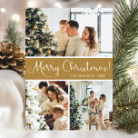 God jul Photo Collage Julkort<br><div class="desc">Det här fantastiska 3-fotokortet med "God jul!" i ett modernt skript och namn och året i ett rent, skarpt, traditionellt typsnitt både i vitt på guld och med en matchande baksida är perfekt att skicka till din familj och dina vänner. Alla kommer att få nya bilder av din familj från...</div>