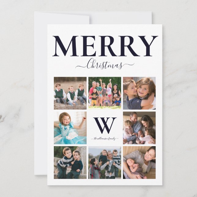 god jul Photo Collage Monogram Navy White Julkort (Framsida)