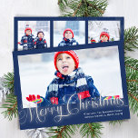 God jul Photo Collage Navy Blue Script Julkort<br><div class="desc">Den här designen har ett god jul-kort,  marinblått och silver,  med kalligrafi-penselskript,  en enkel minimalistisk,  typografisk trendig-design med en flerfotokollage,  ett modernt,  klassiskt,  helgdag-kort,  med klassi contemporary stil.</div>