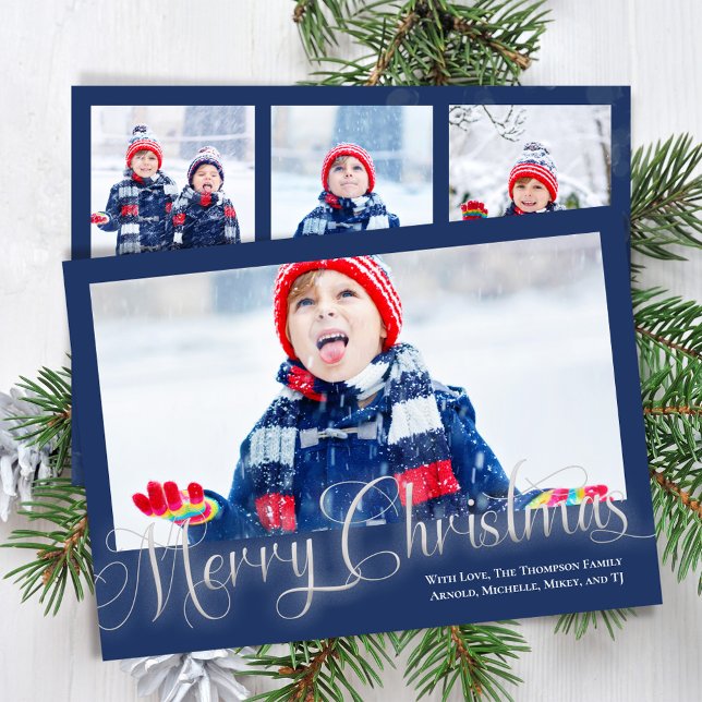 God jul Photo Collage Navy Blue Script Julkort (Merry Christmas in shimmering silver with Navy Blue. )