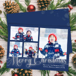 God jul Photo Collage Navy Blue Script Julkort<br><div class="desc">Den här designen har ett god jul-kort,  marinblått och silver,  med kalligrafi-penselskript,  en enkel minimalistisk,  typografisk trendig-design med en flerfotokollage,  ett modernt,  klassiskt,  helgdag-kort,  med klassi contemporary stil.</div>