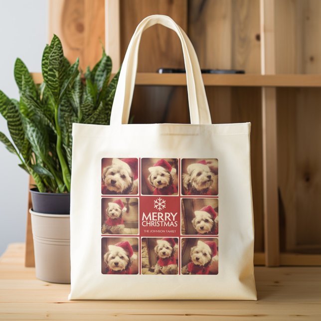 God jul Photo Collage Red White Tygkasse (Personalized tote bag with photos and custom text)