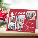 God jul Photo Collage Santa Sleigh Helgkort<br><div class="desc">Festivt rött kort med helgdag med 5 bildsamlingar av utspritt bilder i vitt ramar,  en vit illustration av renar som flyger tomtartslift,  "God jul" i ett snyggt vitt skript och ditt namn i vanlig,  modern,  vit typografi. Anpassa hälsning på insidan eller lämna tomt för handskrivna anteckningar.</div>
