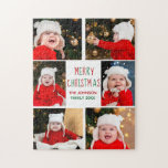 God jul Photo Collage vackra Red Grönt Pussel<br><div class="desc">Det här söta,  moderna God jul-pusslet har en klasslayout med fem familjefotografier på en vit bakgrund med söt röd och grönt typografi. Den här vackra helgdag för barn har ditt eget barns fotokollage som omger ditt festliga budskap och familjen namn i grönt.</div>