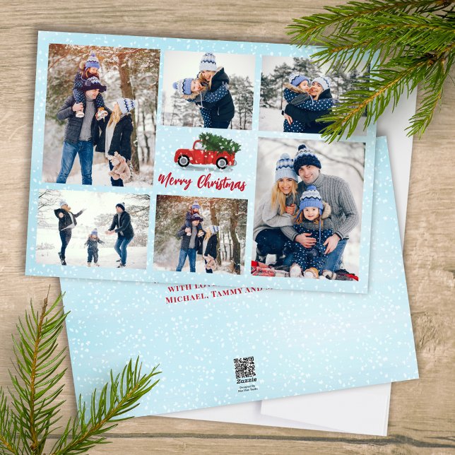 God jul Photo Collate Red Lastbil Julkort (Merry Christmas holiday Multi photo collage template. With a rustic red truck. )