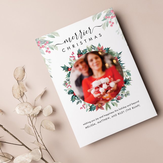 God jul Photo Gravid-meddelande Anteckningskort (Merry Christmas Greenery Red Berries Photo Greetings Card)