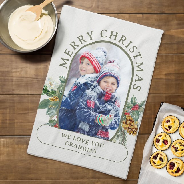 God jul Photo Holly och Gräs Personlig Kökshandduk (Christmas Photo kitchen towel from the Rounded Lozenge Photo Collage collection)