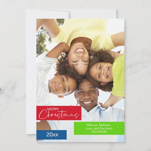 God jul Photo Red Grönt Blue Rand Simple Julkort (Framsida)