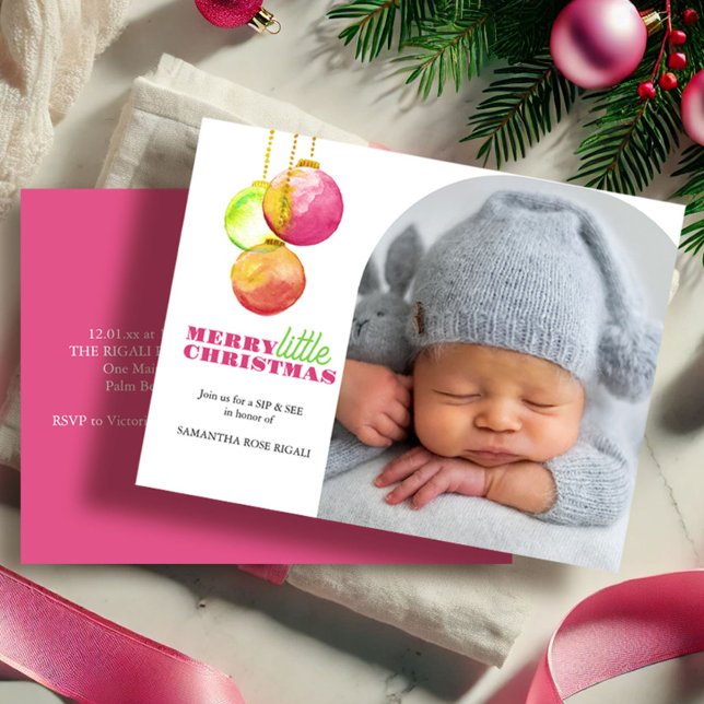 God Jul Photo Sip och se Helg Vykort (Sip and see Merry Little Christmas watercolor bauble art by Victoria Grigaliunas Do Tell A Belle)