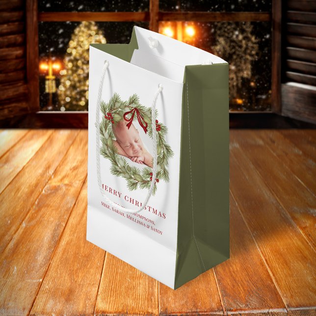 God jul Photo Watercolor Greenery Wandan (Merry Christmas wreath photo greenery gift bag, )