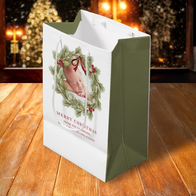 God jul Photo Watercolor Greenery Wandan (Merry Christmas photo greenery wreath gift bag. )