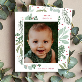 God jul Photo Watercolor Grönt Botanical Julkort