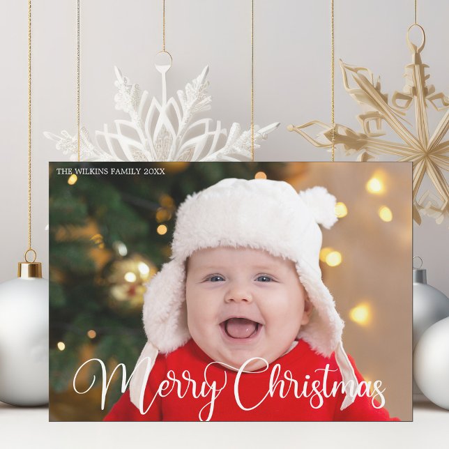 God jul Photo White Script Magnet Card (Skapare uppladdad)