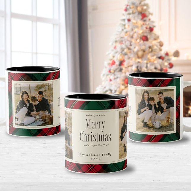God jul Photos Elegant Grönt Red Play Två-Tonad Mugg (Merry Christmas Photos Elegant Green Red Plaid Two-Tone Coffee Mug
)