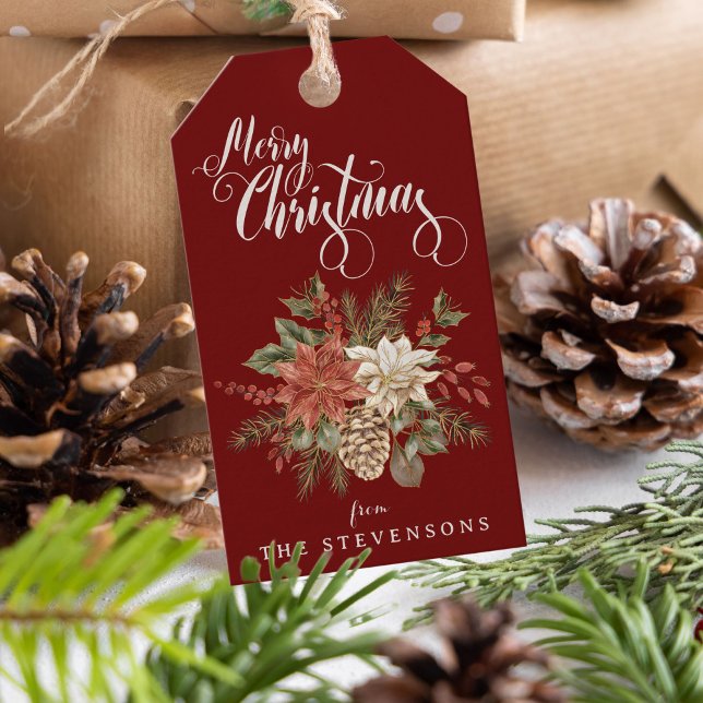 God jul Poinsettia Burgundy Presentetikett (Skapare uppladdad)