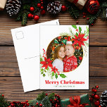 God jul Poinsettia Festive Family Photo Helg Vykort<br><div class="desc">En vacker röd poinsettia-blommigt med holly löv omger ditt kvadratfoto från familjen över God jul. Ljusa och glada barn fotograferar vykort för helgdag med söt blommor och löv.</div>