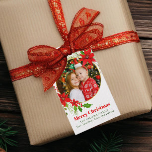 God jul Poinsettia Festive Family Photo Presentetikett