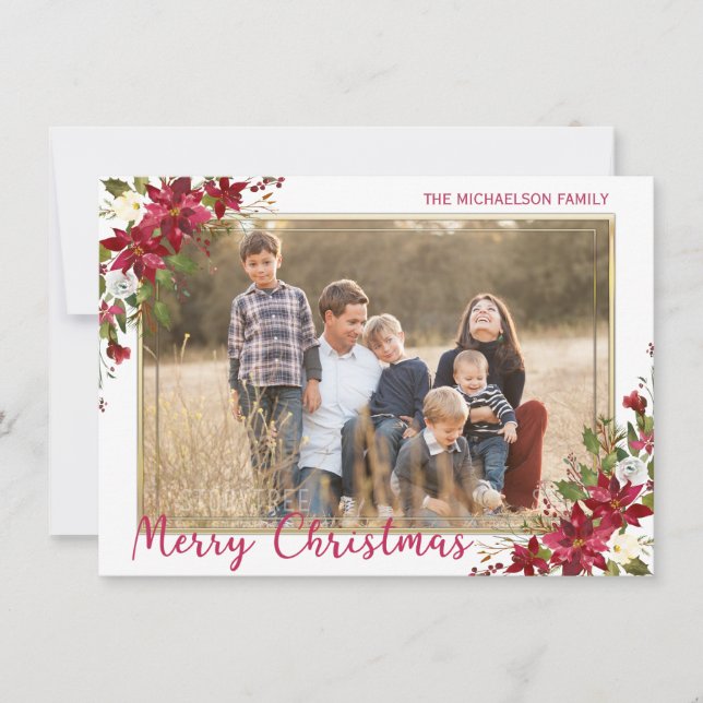 God jul Poinsettia Guld Photo Julkort (Framsida)
