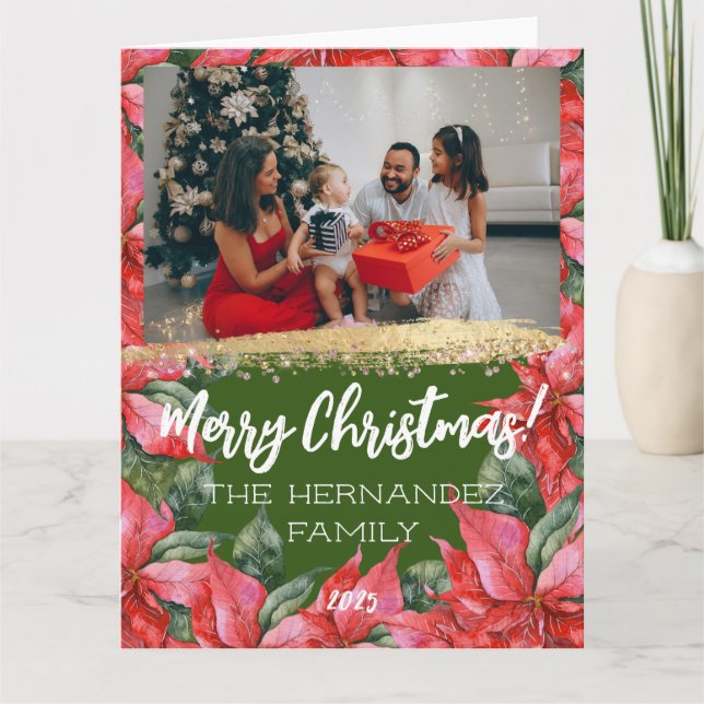 God jul Poinsettia Helgdag Family Photo Kort (Framsida)
